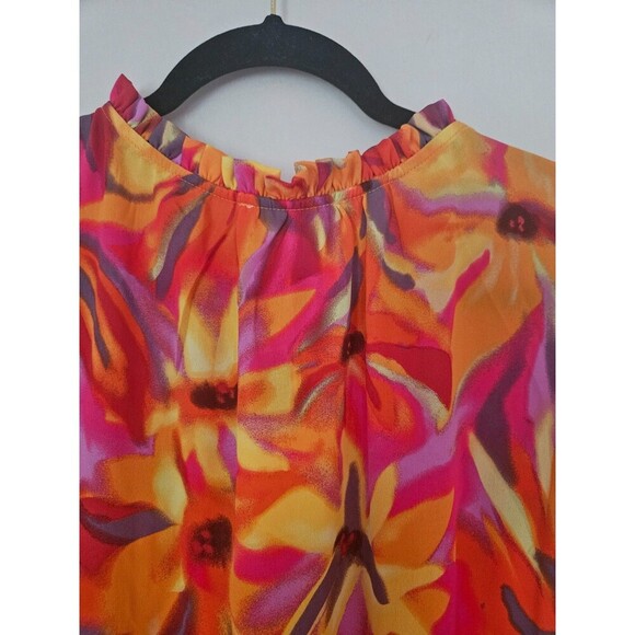 Cynthia Rowley Size 1X Floral Orange Red Top Blouse Lightweight Ruffle Tie Short - Picture 5 of 8